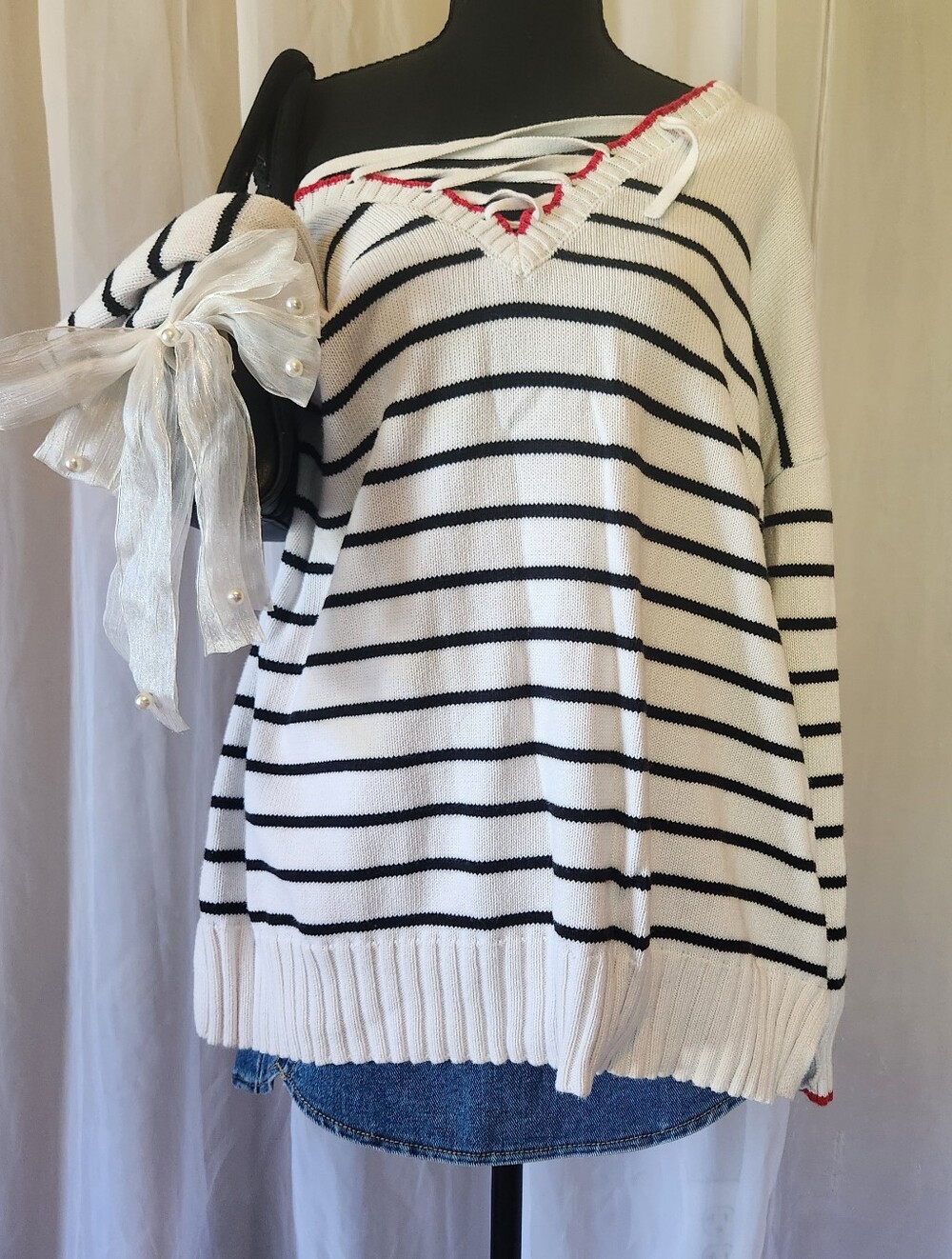 100% Cotton Breton Striped Sweater L Lace-Up Nautical Coastal